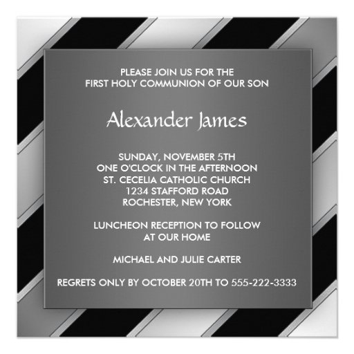 Black Silver Stripe Boy First Communion Invitations