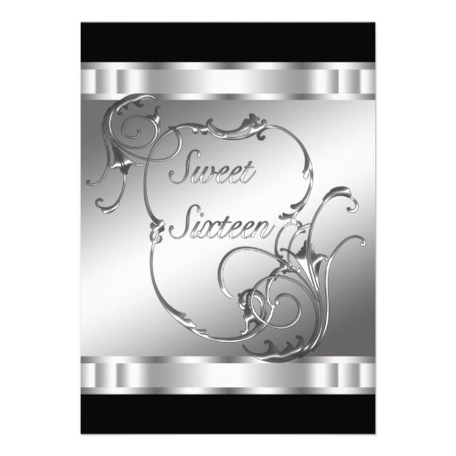 Black Silver Sweet Sixteen Birthday Party Custom Invitation