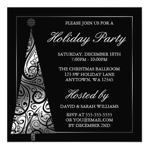 Black Silver Swirl Christmas Tree Holiday Party Announcement (front side)