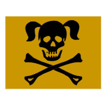 Black Skull and Crossbones With Pigtails Post Cards
