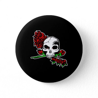 Black Skull Roses Tattoo Pinback Button by WhiteTiger_LLC
