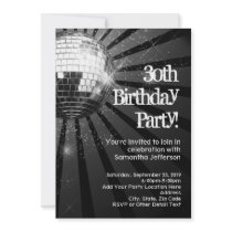 Black Sparkle Disco Ball 30th Birthday Party Personalized Announcements