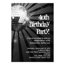 Black Sparkle Disco Ball 40th Birthday Party Custom Invites