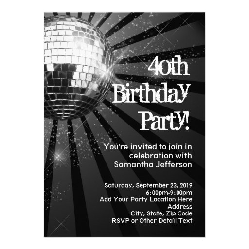 Black Sparkle Disco Ball 40th Birthday Party Custom Invites (front side)