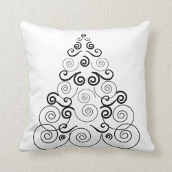 Black, spiral Christmas tree, white throw pillow. Pillows