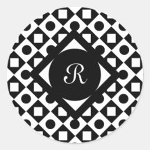 Black Square Diamond Circle Monogram pattern Round Stickers