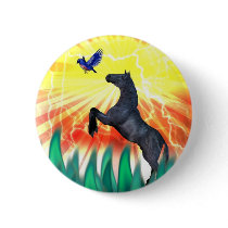 Black stallion horse rearing, flame grass button