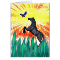 Black stallion horse rearing, flame grass greeting cards
