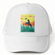 Black stallion horse rearing, flame grass trucker hat