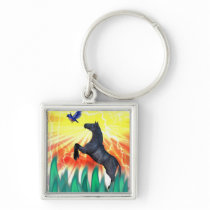 Black stallion horse rearing, flame grass keychains