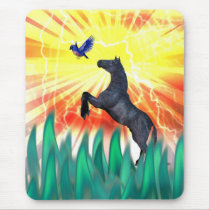 Black stallion horse rearing, flame grass mouse pad