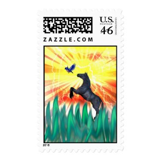Black stallion horse rearing, flame grass postage stamps