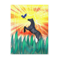 Black stallion horse rearing, flame grass postcard