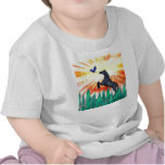 Black stallion horse rearing, flame grass t-shirts