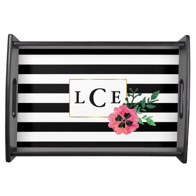 Black Stripe & Pink Watercolor Floral Monogram Serving Platter