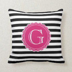 Black Striped Pattern Hot Pink Monogram Throw Pillows