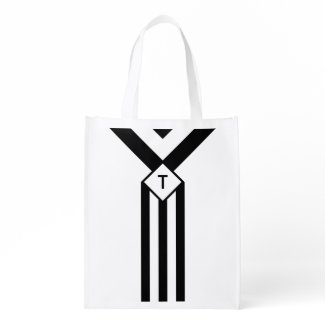 Black Stripes and Chevrons with Monogram on White Reusable Grocery Bag