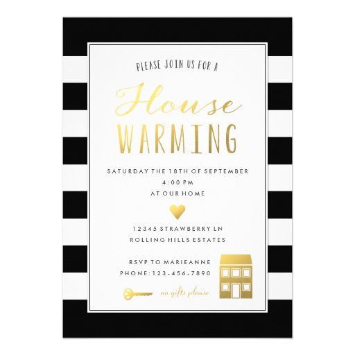 Black Stripes Gold Housewarming Party Invitation (front side)