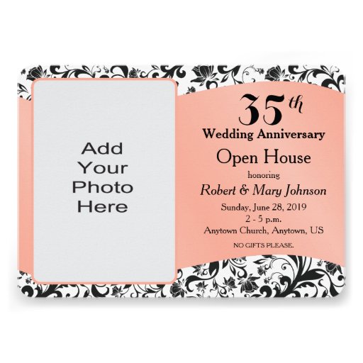 Black Swirl &amp; Coral 35th Wedding Anniversary 5x7 Paper Invitation Card ...