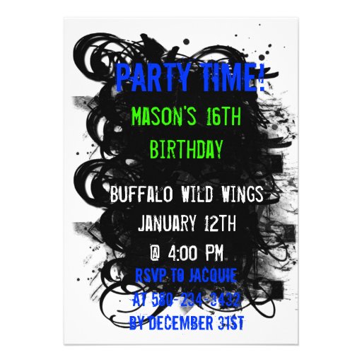 Black Swirl Grunge, Party Time!, Mason's 16th B... Invitations
