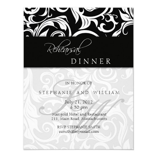 Black Swirl Monogram Rehearsal Dinner Card Invite