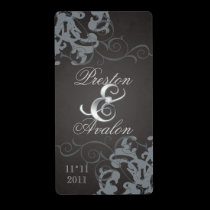 Black Swirl Silver Jeweled Wedding Wine Label labels