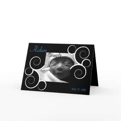 Black Swirl with Blue Text Birth Announcement Card by thebabystore