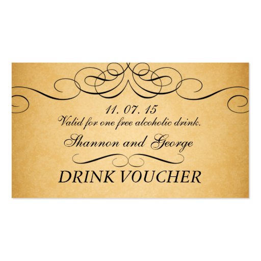 Black Swirls Damask Vintage Wedding Drink Voucher Business Card (front side)