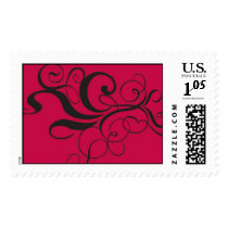 Black swirls on red background postage
