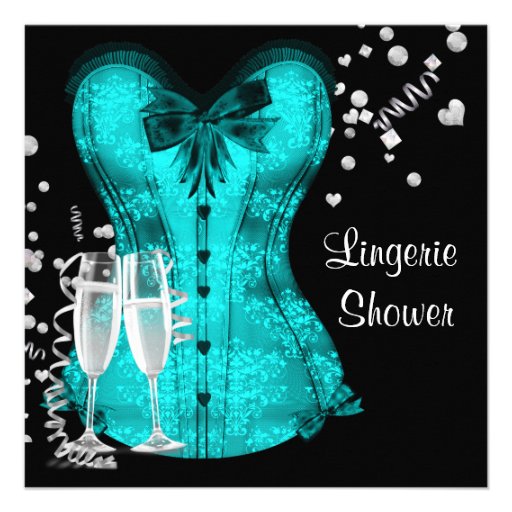Black Teal Blue Corset Lingerie Bridal Shower Announcements