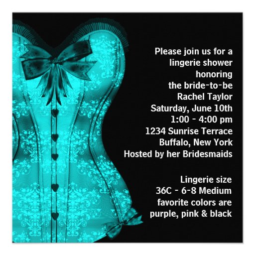 Black Teal Blue Corset Lingerie Bridal Shower Announcements