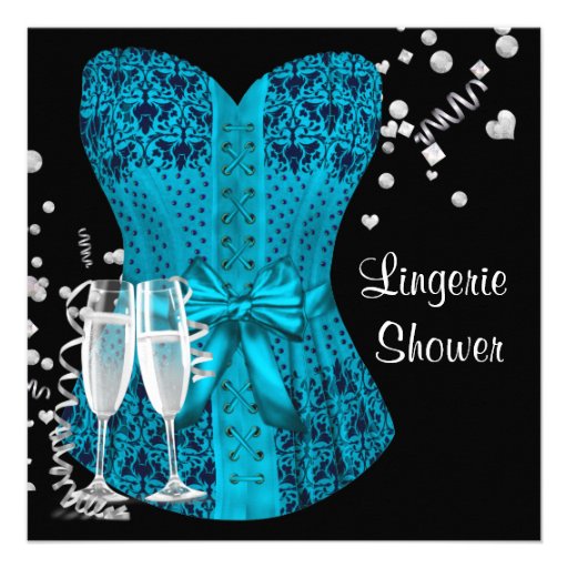 Black Teal Blue Corset Lingerie Bridal Shower Custom Announcements