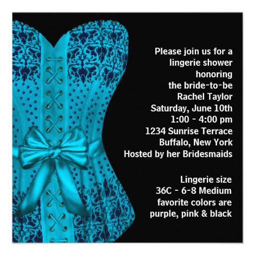 Black Teal Blue Corset Lingerie Bridal Shower Custom Announcements