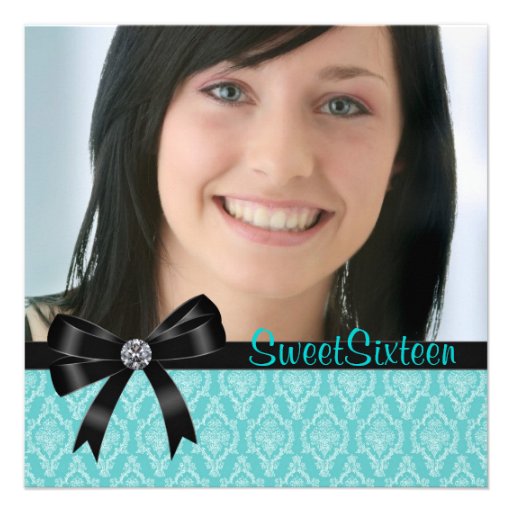 Black Teal Blue Damask Photo Sweet Sixteen Party Personalized Invite