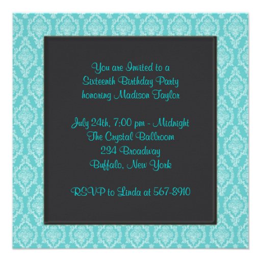 Black Teal Blue Damask Photo Sweet Sixteen Party Personalized Invite