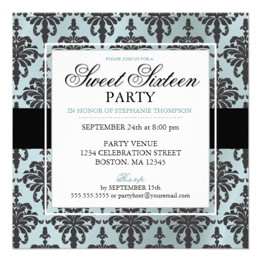 Black Teal Blue Damask Sweet 16 Party Invitations