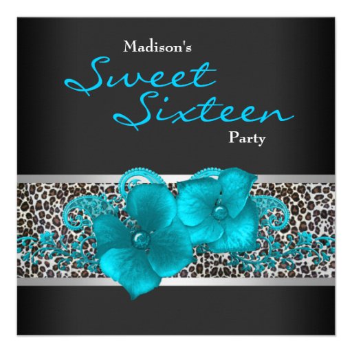 Black Teal Blue Leopard Birthday Party Custom Invitations