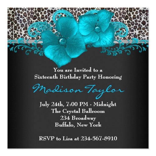 Black Teal Blue Leopard Birthday Party Custom Invitations