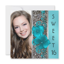 Black Teal Blue Leopard Photo Sweet 16 Birthday Personalized Invite