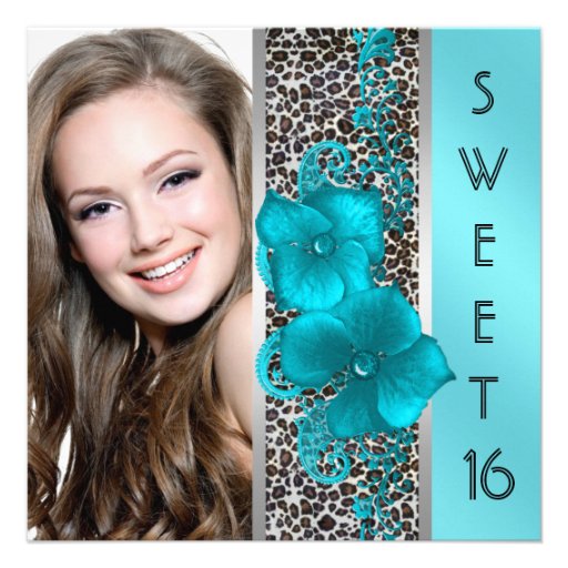 Black Teal Blue Leopard Photo Sweet 16 Birthday Personalized Invite