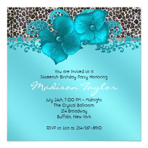 Black Teal Blue Leopard Photo Sweet 16 Birthday Personalized Invite