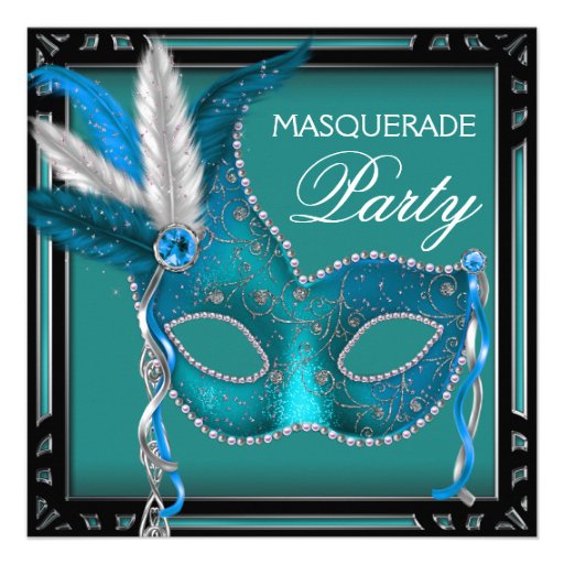 Black Teal Blue Mask Masquerade Party Personalized Announcements