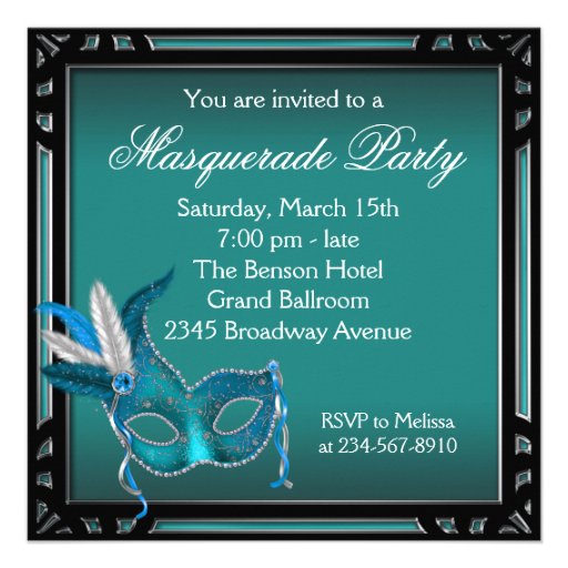 Black Teal Blue Mask Masquerade Party Personalized Announcements