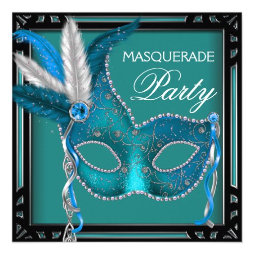Black Teal Blue Mask Masquerade Party Custom Invites