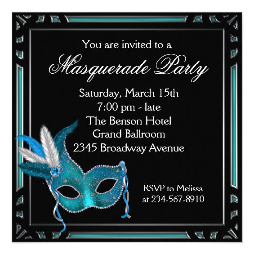 Black Teal Blue Mask Masquerade Party Custom Invites
