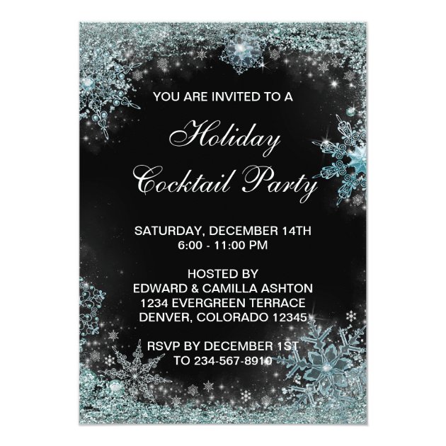Black Teal Blue Snowflake Christmas Party Card (front side)