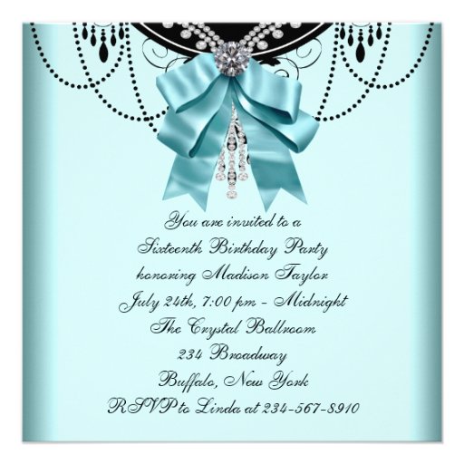 Black Teal Blue Sweet Sixteen Birthday Party Custom Invites