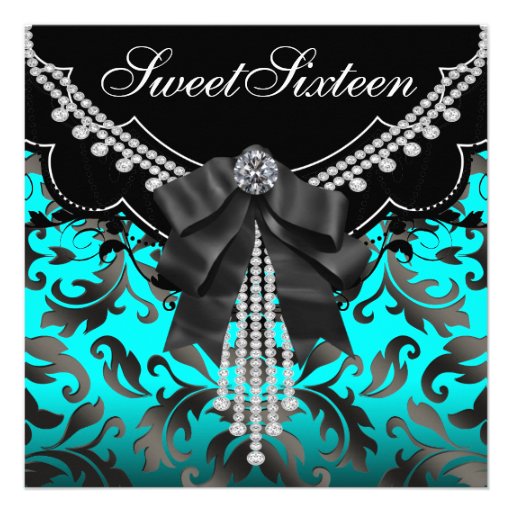 Black Teal Blue Sweet Sixteen Birthday Party Personalized Announcement