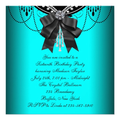Black Teal Blue Sweet Sixteen Birthday Party Personalized Announcement