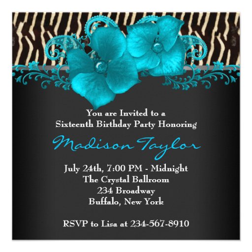 Black Teal Blue Zebra Sweet 16 Birthday Party Custom Announcement